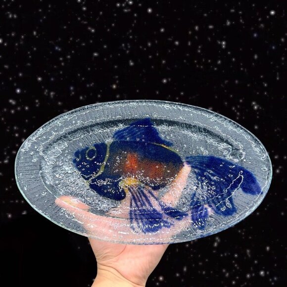 Large Fused Studio Art Glass Fish Tray Dish Hand Made Clear Glass 13.5”Long 8”W - Picture 11 of 15